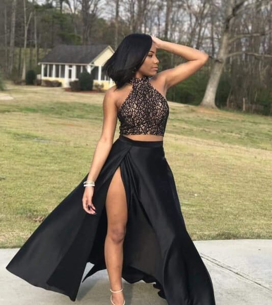 Two Piece Prom Long Sleeves Floor Length prom Dress With Lace