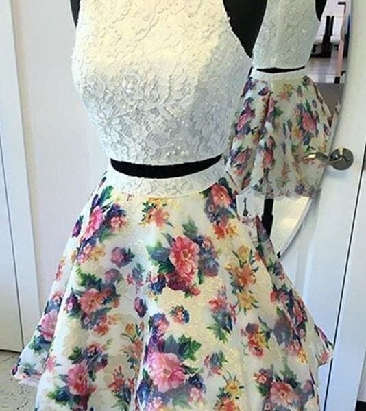 Two Piece Round Neck Sleeveless Homecoming with Lace Top Ivory Grad Dress