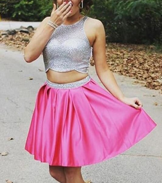 Two Piece Sleeveless Beading Prom Homecoming Dress