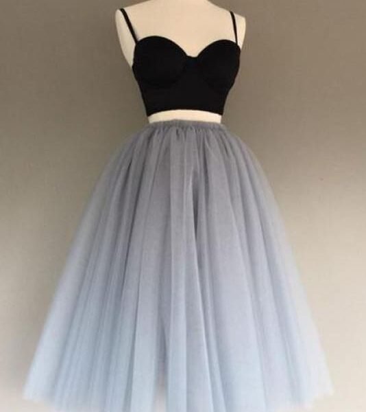 Two Piece Spaghetti Straps A-Line Gray Homecoming Dress Sweetheart Tulle Prom Dresses