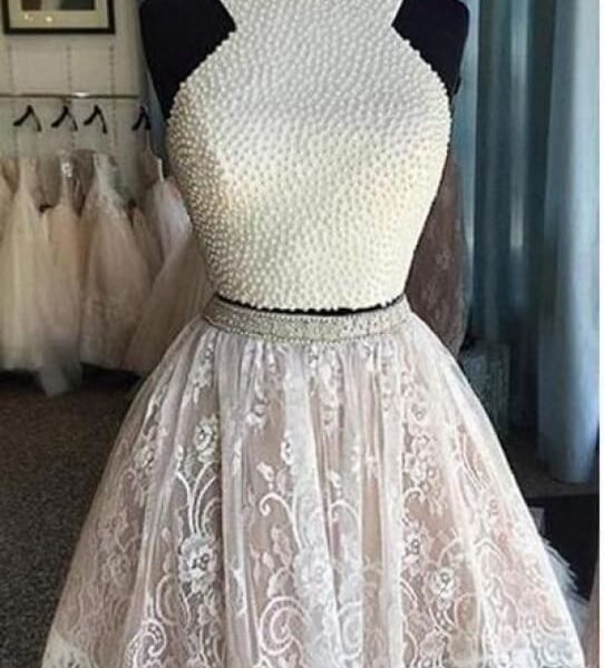 Two Piece White Lace Homecoming with Pearls Mini Dresses Short Prom Dress