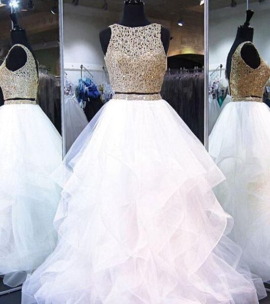 Two Piece White Shiny Ruffles Sleeveless Floor Length Prom Gown with Gold Top