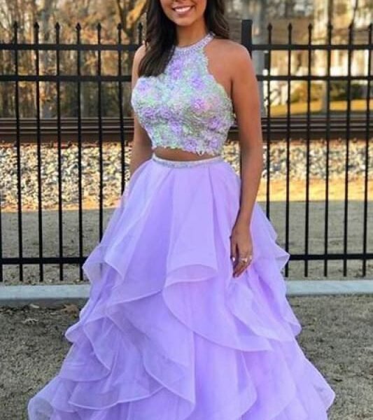 Two Pieces A-Line Lace Top Open Back Organza Sleeveless Prom Dresses Evening Dress