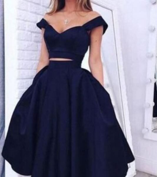 Two Pieces Off Shoulder Navy Blue Homecoming Dresses Short Prom Gowns