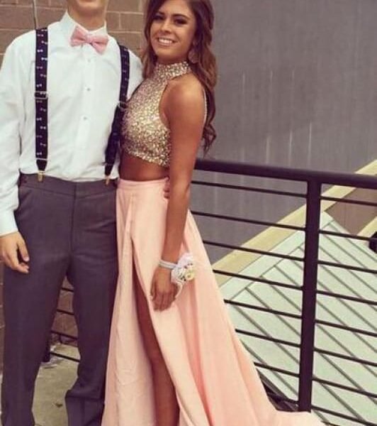 Two Pieces Pink Prom Beading Formal Taffeta Graduation Dresses