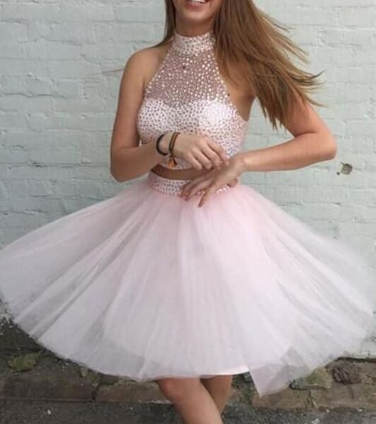Two Pieces Pink Tulle Short Prom Gowns Homecoming Dresses