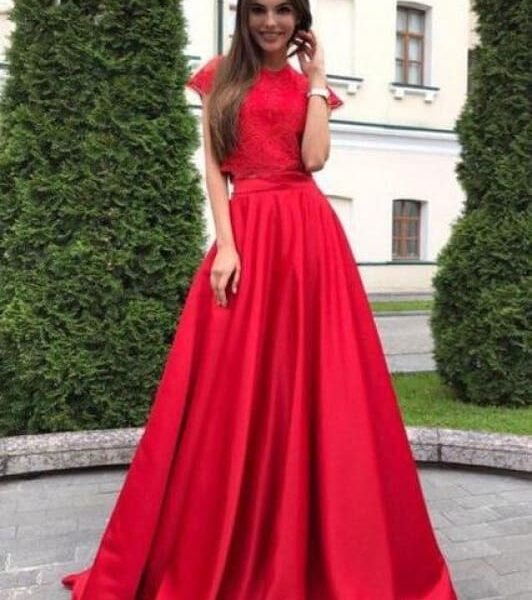 Two Pieces Red Short Sleeve Satin with Lace Top Cheap Prom Dresses