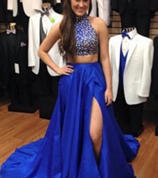 Two Pieces Royal Blue Beaded Long Prom Evening Dresses