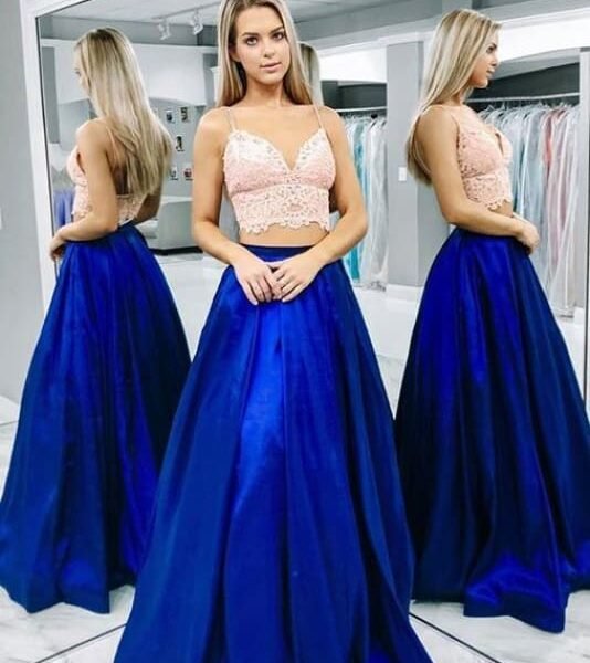 Two Pieces Royal Blue Satin Prom Dresses Spaghetti Strap Long Party Dress with Lace