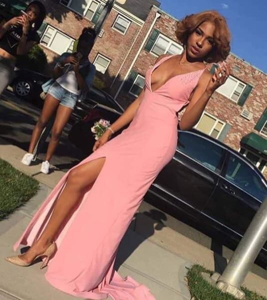 Unique Pink Spaghetti Strap Sleeveless Side Slit Evening Gown