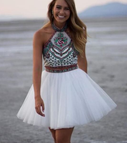 White A-line High Neck Two Piece Mini Tulle Homecoming Dress with Embroidery