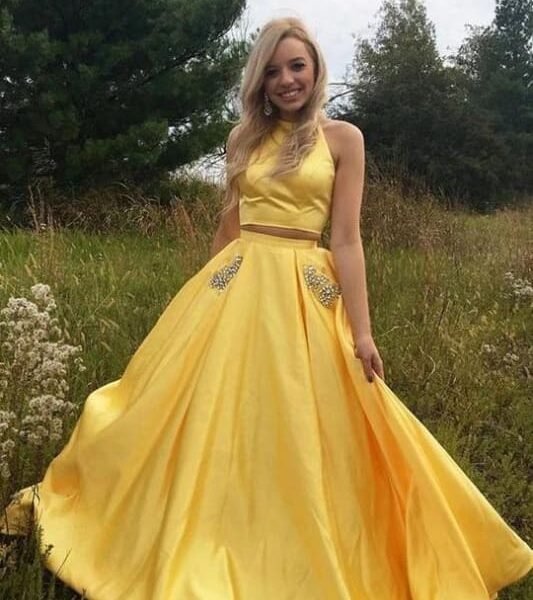 Yellow Satin Two Pieces Long Homecoming with Silver Beading Prom Dress