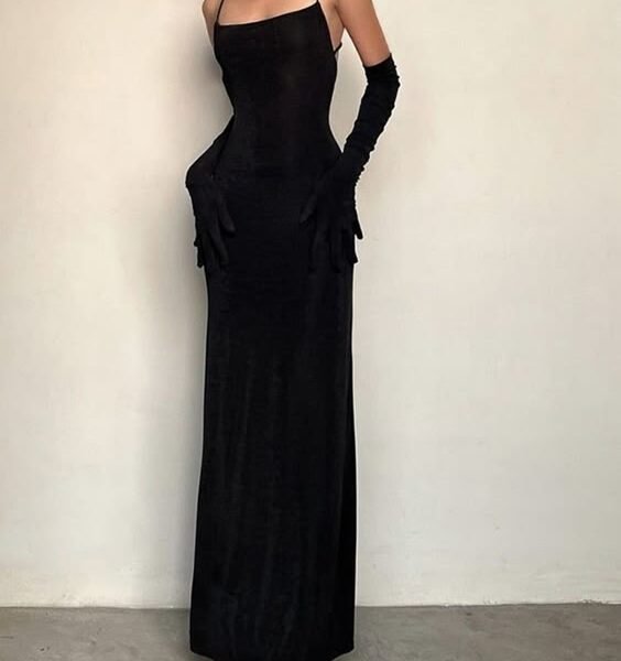 Sexy Sheath Spaghetti Straps Black Long Prom Dresses Evening Dress With Gloves C2805