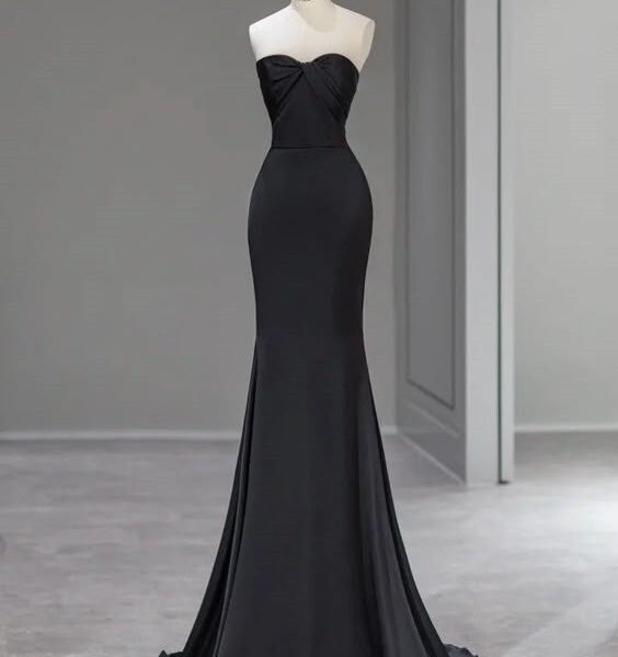 Modest Mermaid Sweetheart Satin Long Black Prom Dresses Evening Dress C2825