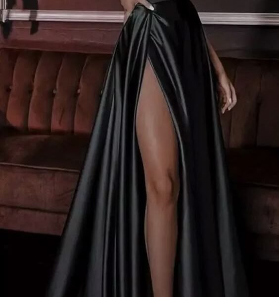 Pretty A line Spaghetti Straps Black Satin Slit Long Prom Dresses Evening Dress C2829