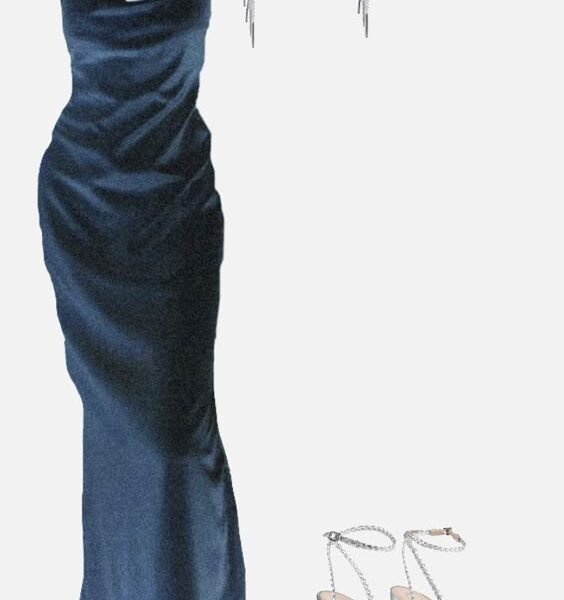 Elegant Sheath Spaghetti Straps Navy Blue Silk Satin Prom Dresses Long Evening Dress C2868