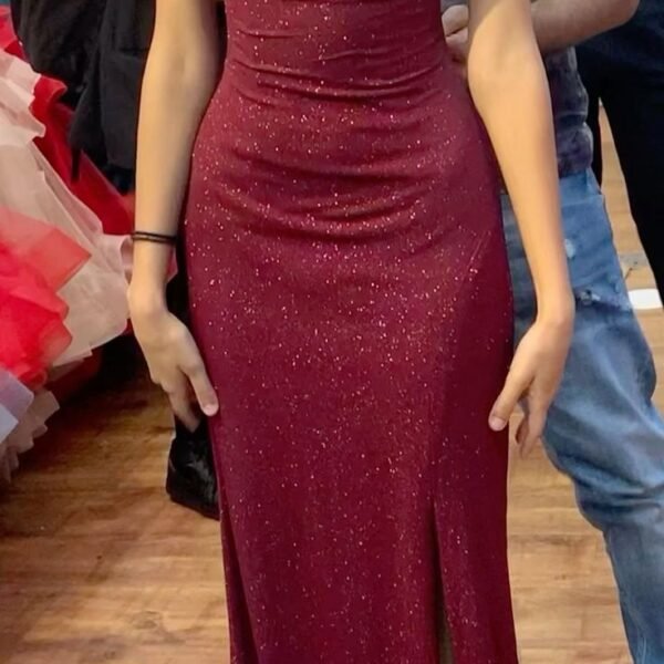 Elegant Sheath Spaghetti Straps Burgundy Slit Sequin Prom Dresses Long Evening Dress C2873