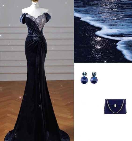 Elegant Mermaid Off The Shoulder Navy Blue Prom Dresses With Ruffle Long Sleeves Evening Dress C2899