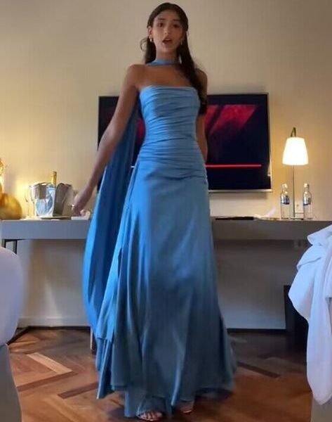 Elegant Sheath Strapless Blue Satin Prom Dresses With Ribbon Long Slit Evening Dress C2901