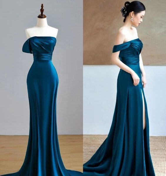 Pretty Mermaid Off The Shoulder Slit Satin Prom Dresses With Ruffle Long Evening Dress C2907