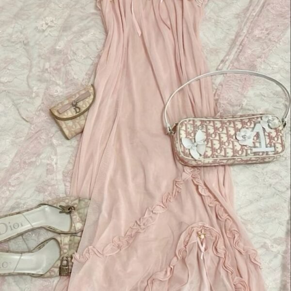 Pretty A line Spaghetti Straps Sleeveless Pink Lace Prom Dresses Long Evening Dress C2930
