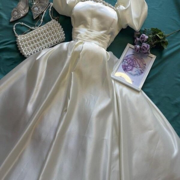 Fancy A Line Sweetheart Short Sleeves White Satin Prom Dresses Evening Dress With Beads C2960