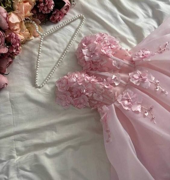 Pretty Ball Gown Strapless Long Pink Hand Made Flowers Prom Dresses Long Evening Dress C2962