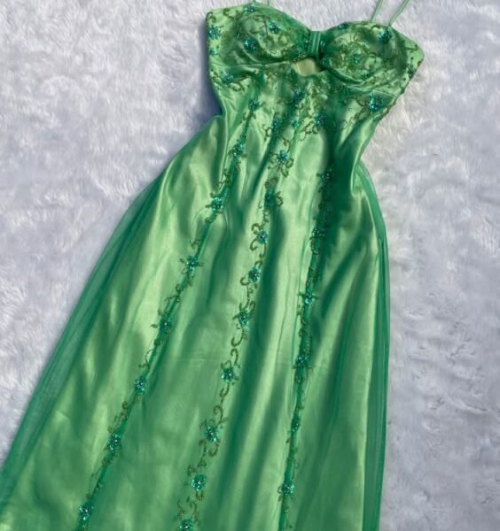 Gorgeous A Line Spaghetti Straps Green Long Satin Prom Dresses Evening Dress C2978