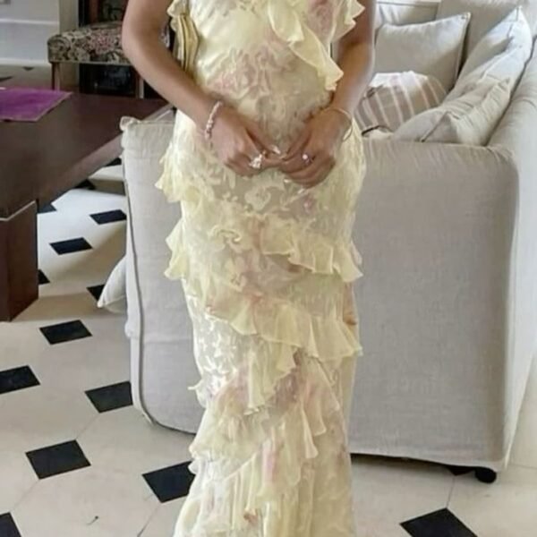 Elegant Sheath Spaghetti Straps Yellow Lace Long Prom Dresses Evening Gowns C3025