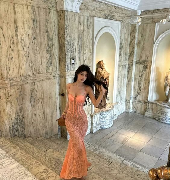 Gorgeous Mermaid Spaghetti Straps Lace Orange Long Prom Dresses Evening Dress C3035