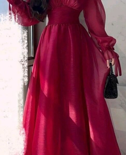 Modest A Line V Neckline Long Sleeves Hot Pink Tulle Long Prom Dresses Evening Dress C3078