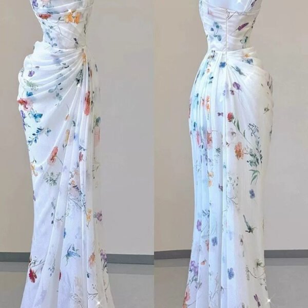 Vintage Sheath Square Neckline Long Prom Dresses White Floral Evening Dress With Ruffles C3115