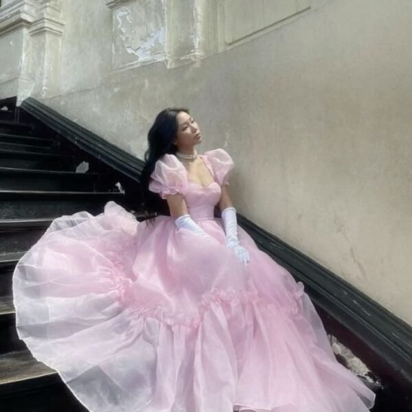 Elegant A Line Square Neckline Blush Pink Ruffles Long Prom Dresses Party Dress C3182