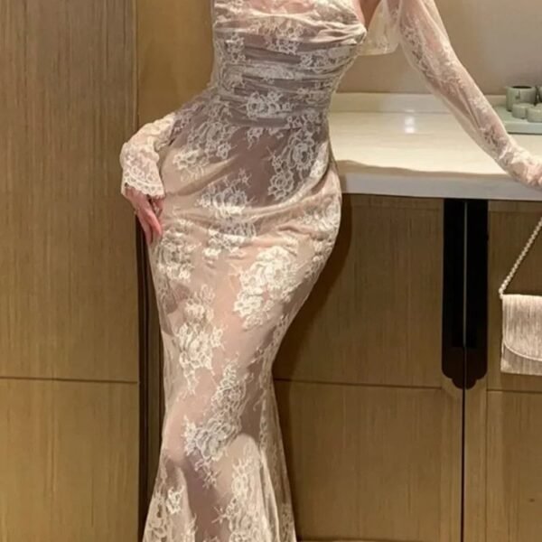 Elegant Bodycon Slim Lace Dress Vintage Casual Backless Bandage Party Dress Prom Dresses Evening Dress C3197