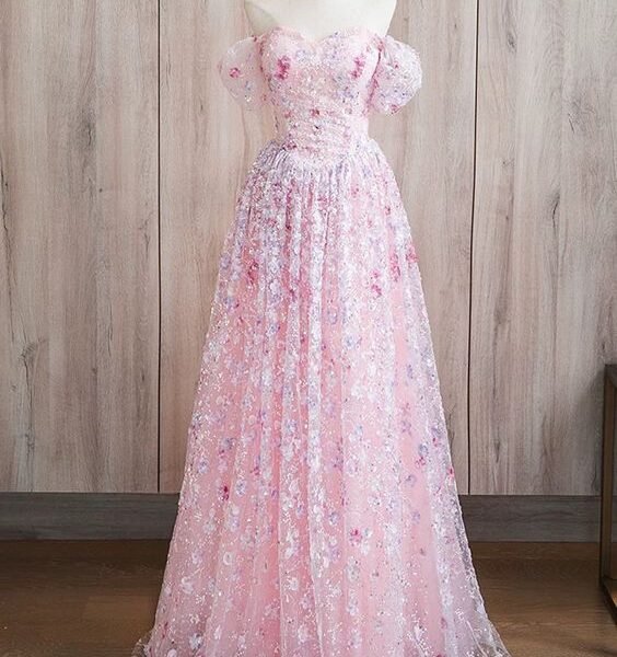 Pink Lace A-line Sweetheart Off Shoulder Simple Prom Dress Pink Lace Prom Dresses C3206