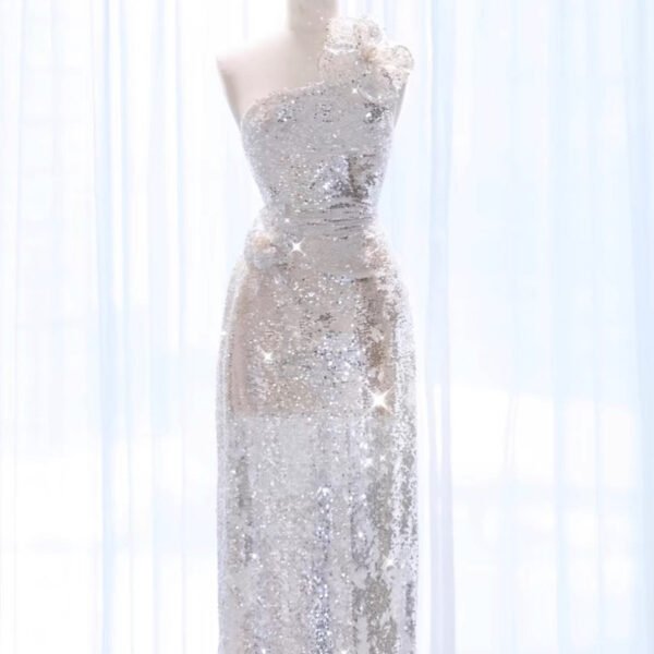 Elegant A Line One Shoulder Silver Sequin Party Dress Prom Dresses Evening Dress C3215