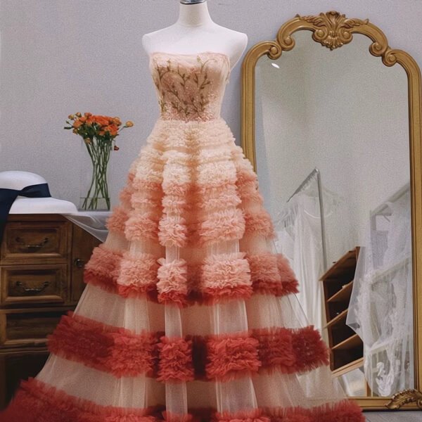 Pretty Ball Gown Strapless Tulle Layers Long Pink Ruffles Prom Dresses Sweet 16 Dresses C3217