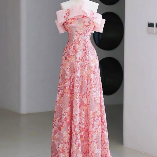 Fairy Style A-line Off Shoulder Strapless Pink Long Evening Dress Prom Dress C3219