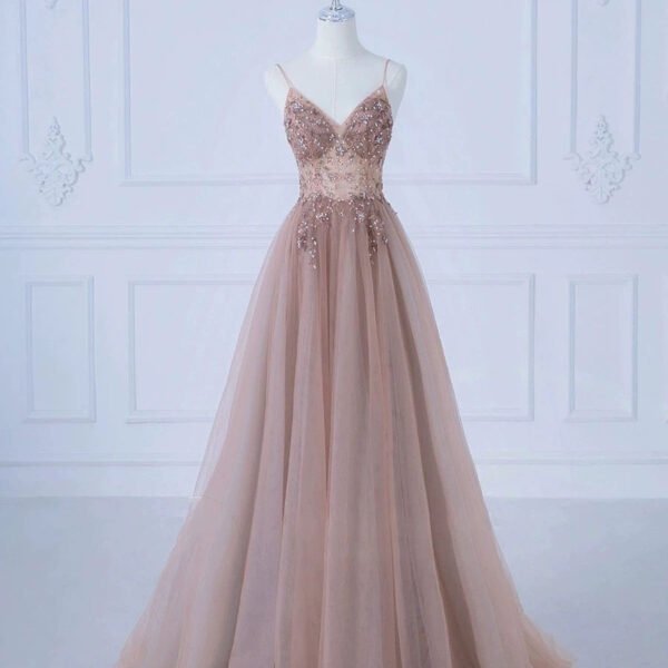 Elegant A-Line Spaghetti Straps Tulle Long Prom Dress Evening Dress C3226