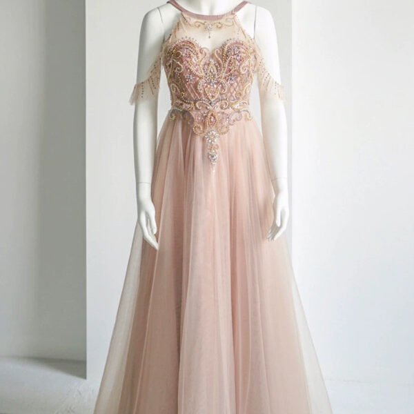 Elegant A-Line Jewel Neckline Tulle Long Prom Dress Evening Dress C3227