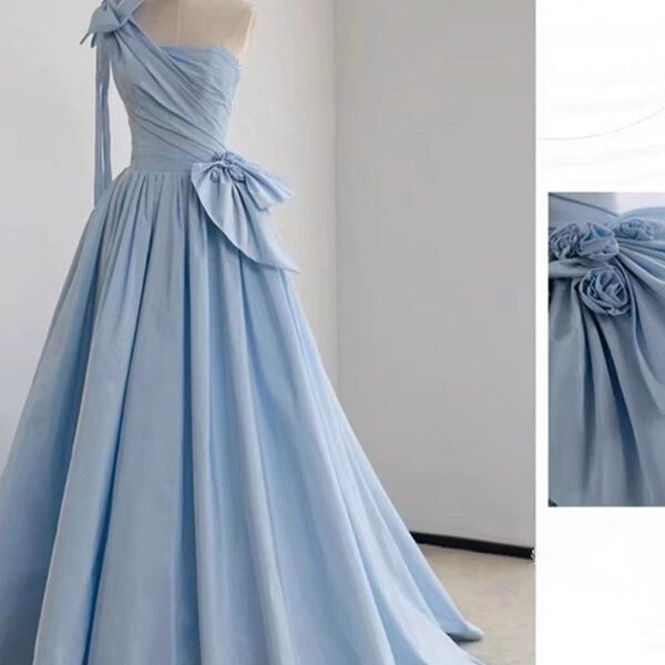 Elegant Ball Gown One Shoulder Light Sky Blue Satin Flowers Long Prom Dress Evening Dress C3232