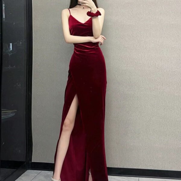 Elegant Sheath Spaghetti Straps Red Velvet Long Prom Dress Evening Dresses C3237