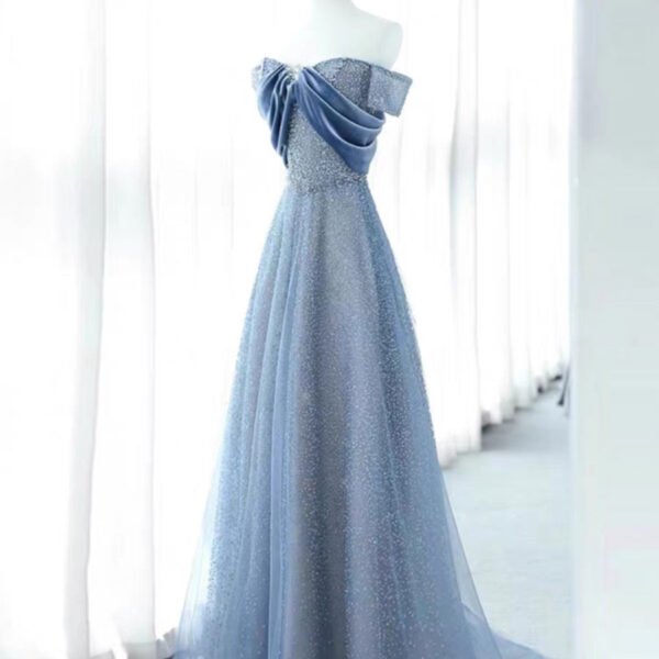Elegant A Line Off The Shoulder Blue Sequin Long Prom Dress Evening Dresses C3238