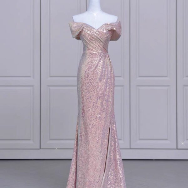 Elegant Mermaid Off The Shoulder Pink Sequin Long Prom Dress Evening Dresses C3239