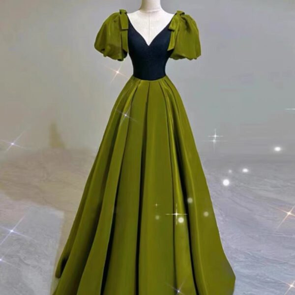 Elegant Ball Gown V Neckline Olive Green Satin Long Prom Dress Evening Dresses C3250