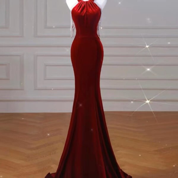 Sexy Mermaid Halter Red Velvet Long Prom Dresses Evening Dress C3266