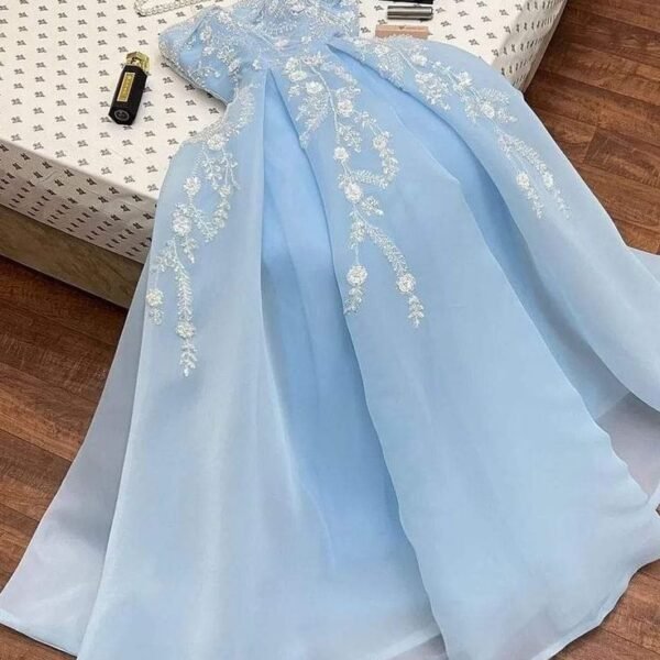 Sexy A line Strapless Light Sky Blue Organza Prom Dress With Appliques Long Prom Dresses Party Dress C3312