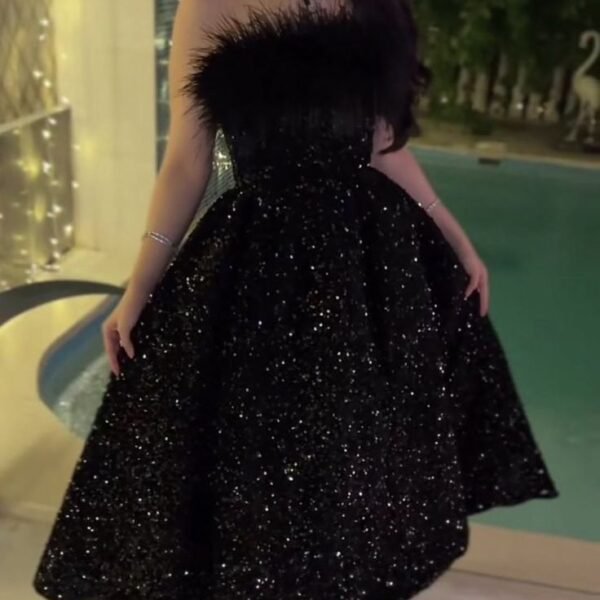 Sexy Ball Gown Strapless Black Sequin Prom Dress Long Prom Dresses Party Dress With Feather C3315