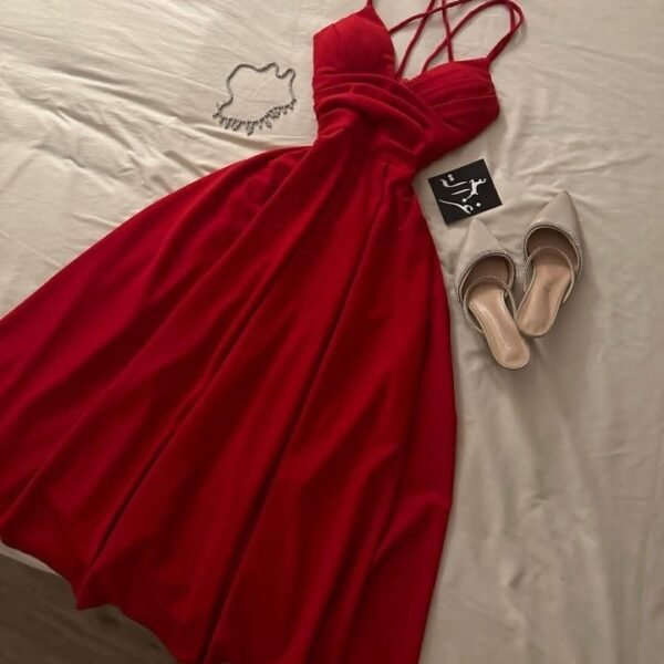 Elegant A Line Spaghetti Straps Red Long Prom Dress Evening Dresses C3355