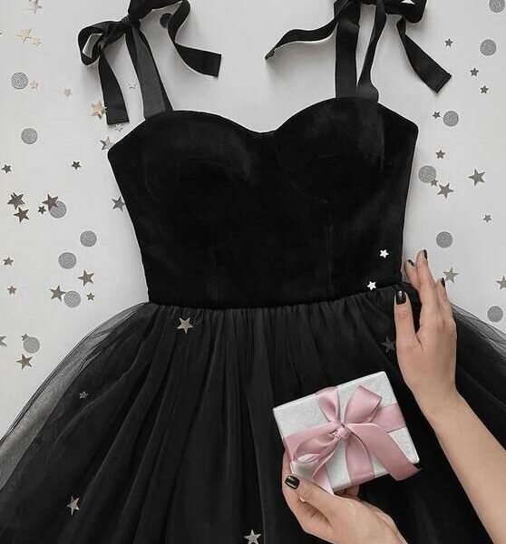 Pretty A line Straps Velvet Black Top Tulle Prom Dress Evening Dresses C3375